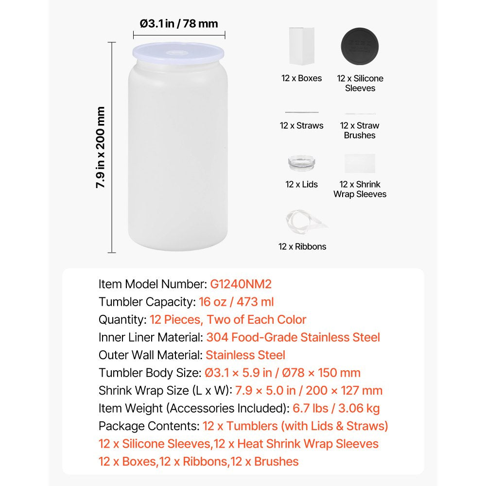 VEVOR Sublimation Tumblers, 12 Pack, 16 oz Multicolored Tumblers Bulk, Stainless Steel Sublimation Cups with Lids and Straws, Double Wall Insulated Tumbler Blank, for DIY Personalized Customization