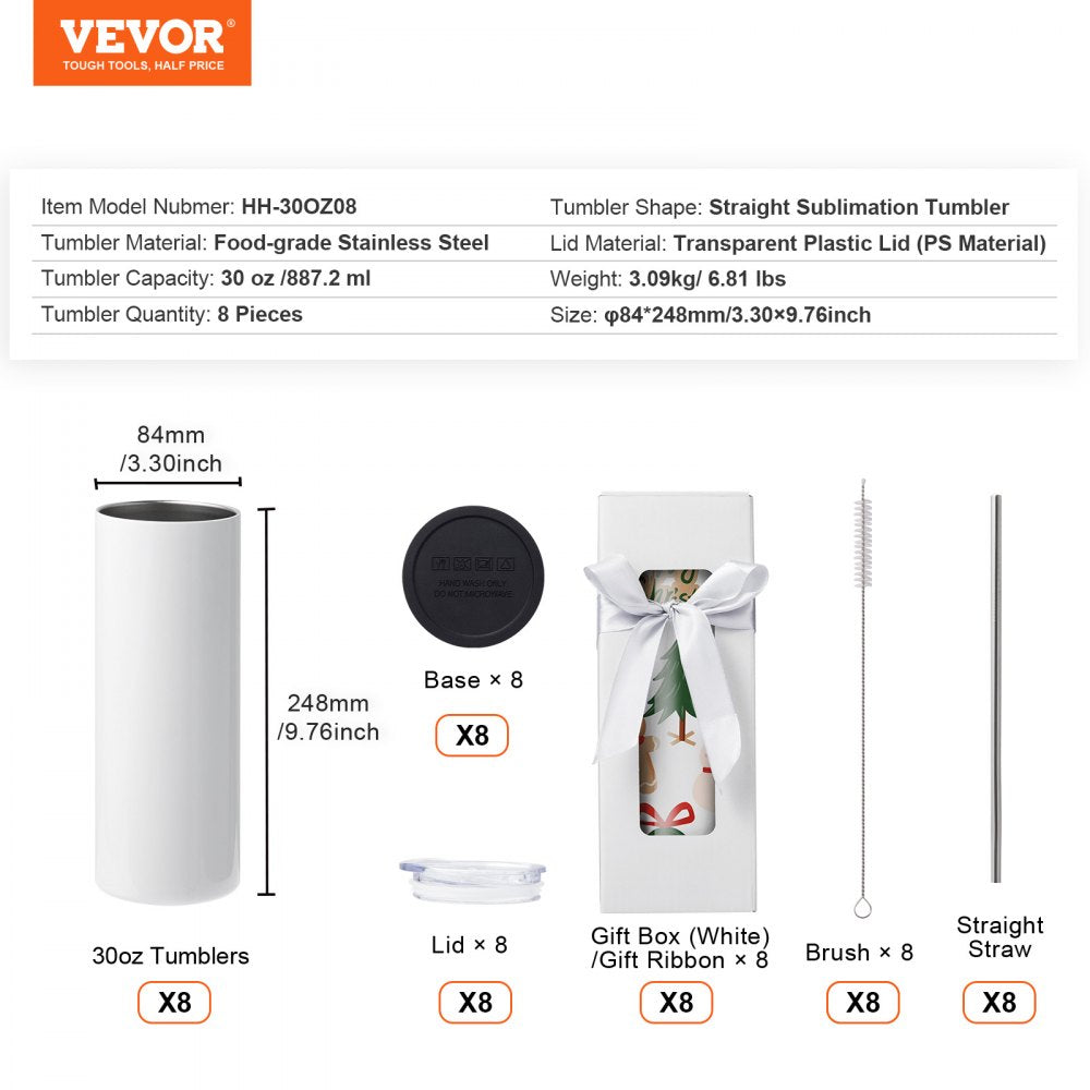 VEVOR 8 Pack 30 Oz Sublimation Tumblers, Skinny Straight Stainless Steel Blanks Cups, Stainless Steel Double Wall Tumbler for Heat Transfer Customized Gifts with Lid and Straw, Gift Box