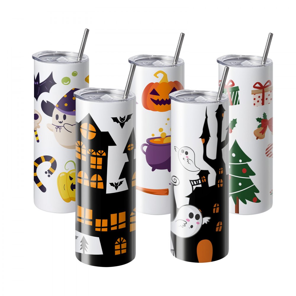 VEVOR 8 Pack Sublimation Tumblers 20 Oz Skinny Straight, Stainless Steel Sublimation Tumblers Blank, Stainless Steel Double Wall Tumbler for Heat Transfer Customized Gifts with Lid and Straw, Gift Box