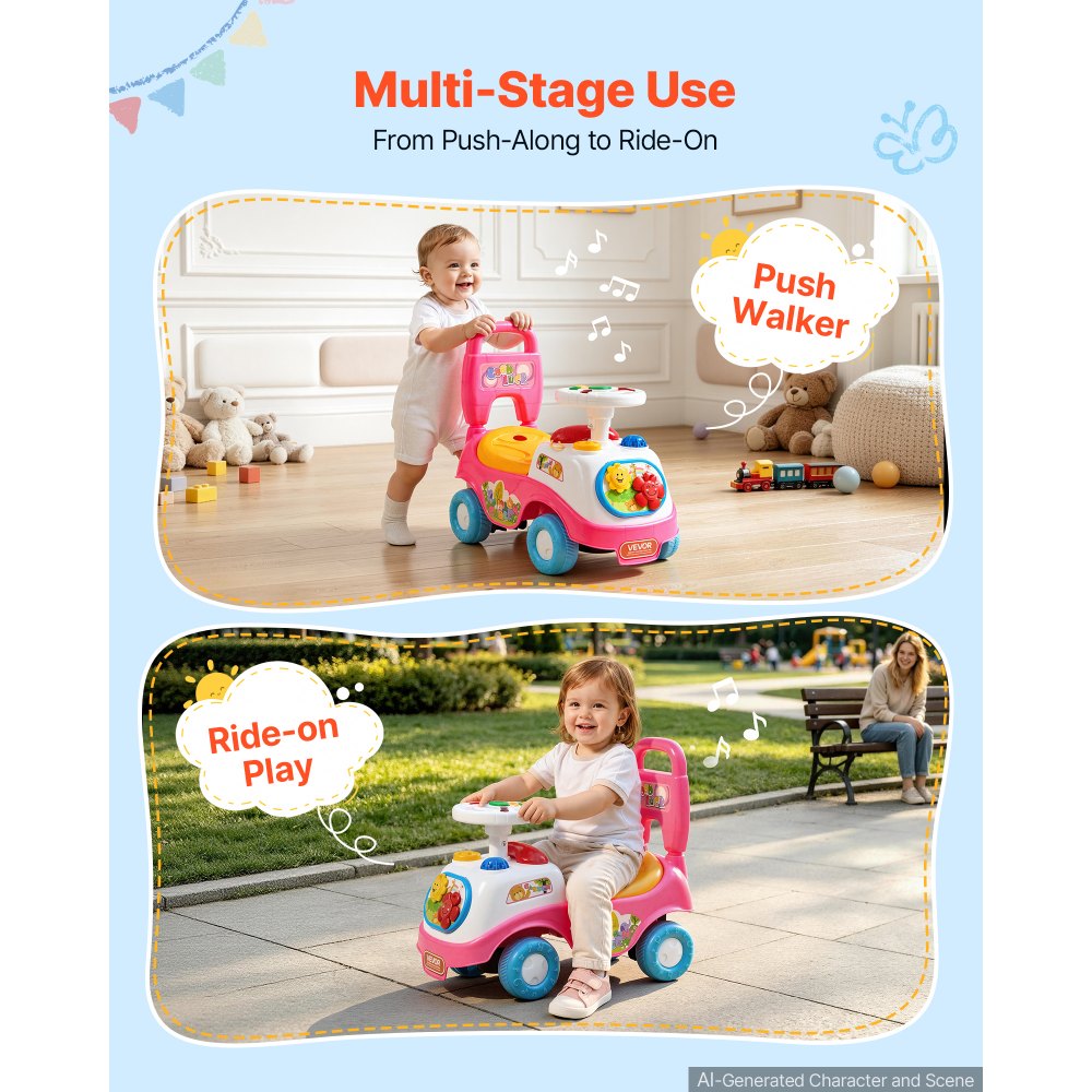 VEVOR Ride On Push Car for Toddlers Ages 19+ Months Sit-to-Stand Ride Toy, Kids Ride On Car for Boys Girls, Music Steering Wheel, Horn, Under-Seat Storage, Detachable Back,Indoor Outdoor Play, Pink