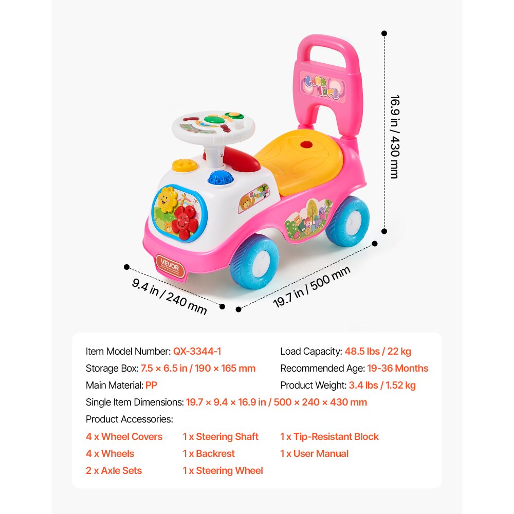 VEVOR Ride On Push Car for Toddlers Ages 19+ Months Sit-to-Stand Ride Toy, Kids Ride On Car for Boys Girls, Music Steering Wheel, Horn, Under-Seat Storage, Detachable Back,Indoor Outdoor Play, Pink