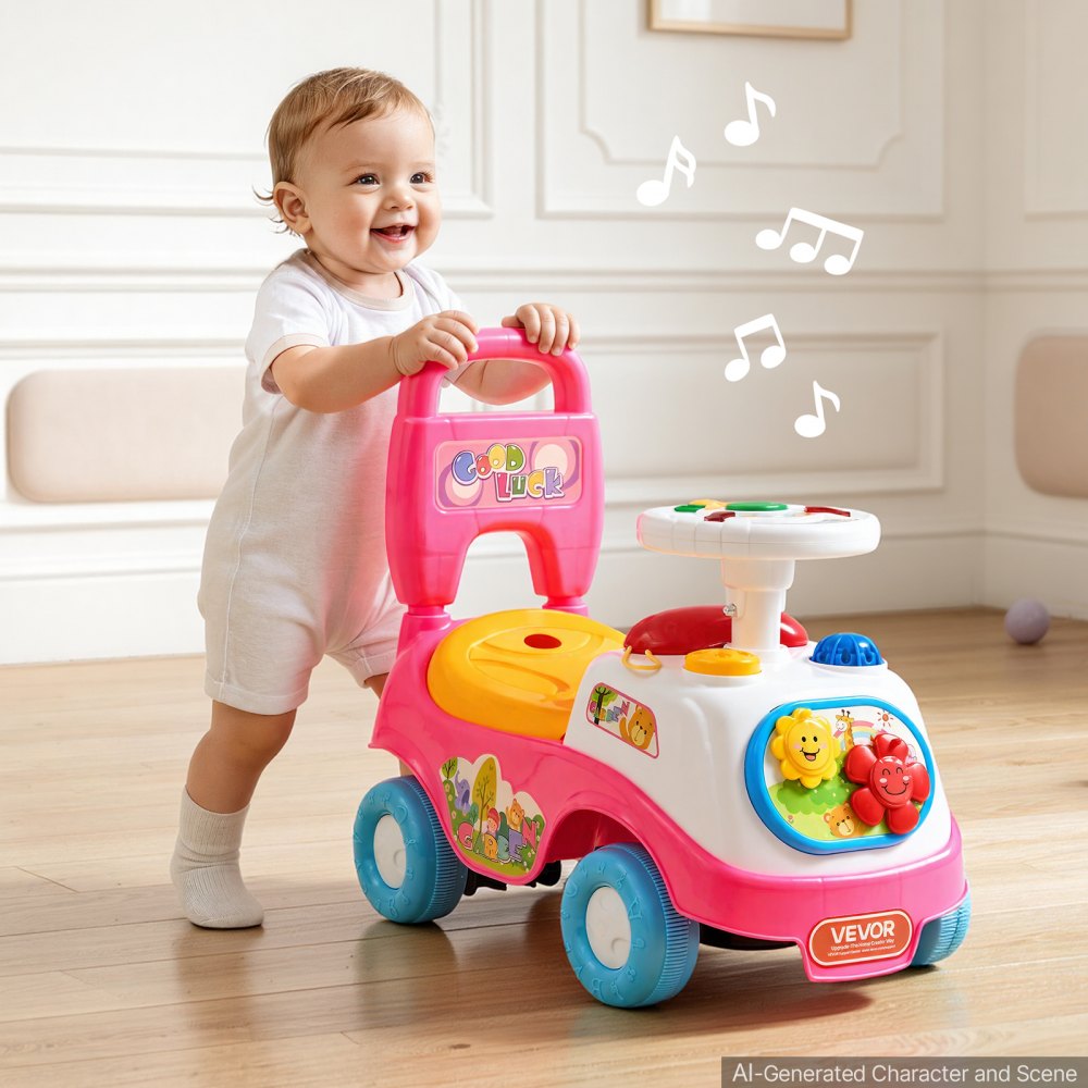 VEVOR Ride On Push Car for Toddlers Ages 19+ Months Sit-to-Stand Ride Toy, Kids Ride On Car for Boys Girls, Music Steering Wheel, Horn, Under-Seat Storage, Detachable Back,Indoor Outdoor Play, Pink