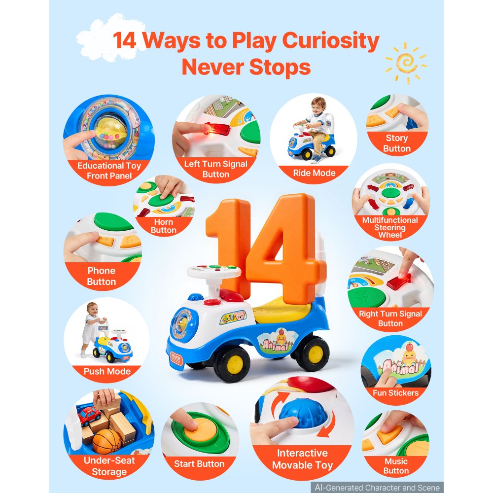 VEVOR Ride On Push Car for Toddlers Ages 19+ Months Sit-to-Stand Ride Toy, Kids Ride On Car for Boys & Girls, Music Steering Wheel, Horn, Under-Seat Storage, Detachable Back, Indoor & Outdoor Play