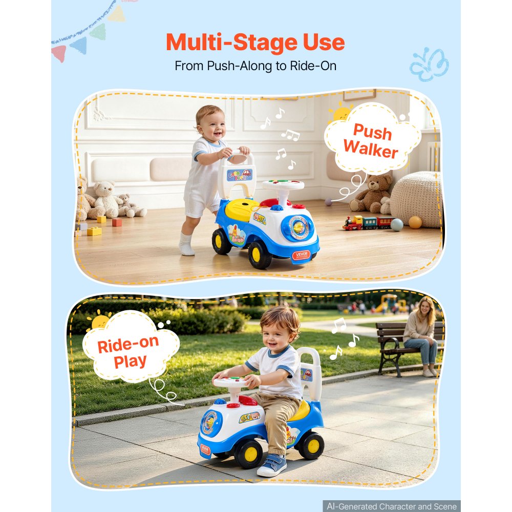 VEVOR Ride On Push Car for Toddlers Ages 19+ Months Sit-to-Stand Ride Toy, Kids Ride On Car for Boys & Girls, Music Steering Wheel, Horn, Under-Seat Storage, Detachable Back, Indoor & Outdoor Play