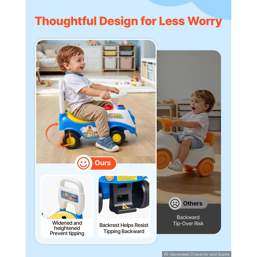 VEVOR Ride On Push Car for Toddlers Ages 19+ Months Sit-to-Stand Ride Toy, Kids Ride On Car for Boys & Girls, Music Steering Wheel, Horn, Under-Seat Storage, Detachable Back, Indoor & Outdoor Play