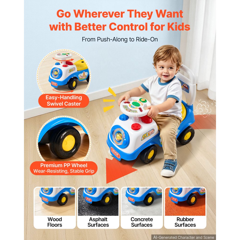 VEVOR Ride On Push Car for Toddlers Ages 19+ Months Sit-to-Stand Ride Toy, Kids Ride On Car for Boys & Girls, Music Steering Wheel, Horn, Under-Seat Storage, Detachable Back, Indoor & Outdoor Play