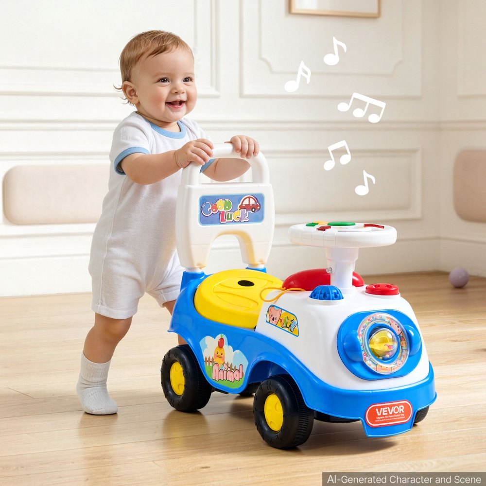 VEVOR Ride On Push Car for Toddlers Ages 19+ Months Sit-to-Stand Ride Toy, Kids Ride On Car for Boys & Girls, Music Steering Wheel, Horn, Under-Seat Storage, Detachable Back, Indoor & Outdoor Play