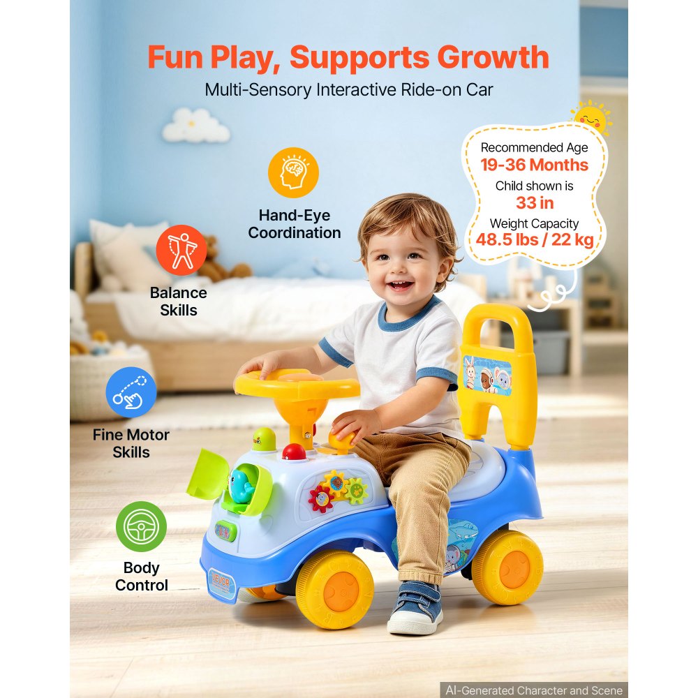 VEVOR Ride On Push Car for Toddlers Ages 19+ Months Sit-to-Stand Ride Toy, Kids Ride On Car for Boys Girls, Music Steering Wheel, Horn, Under-Seat Storage, Detachable Back, Indoor Outdoor Play, Blue