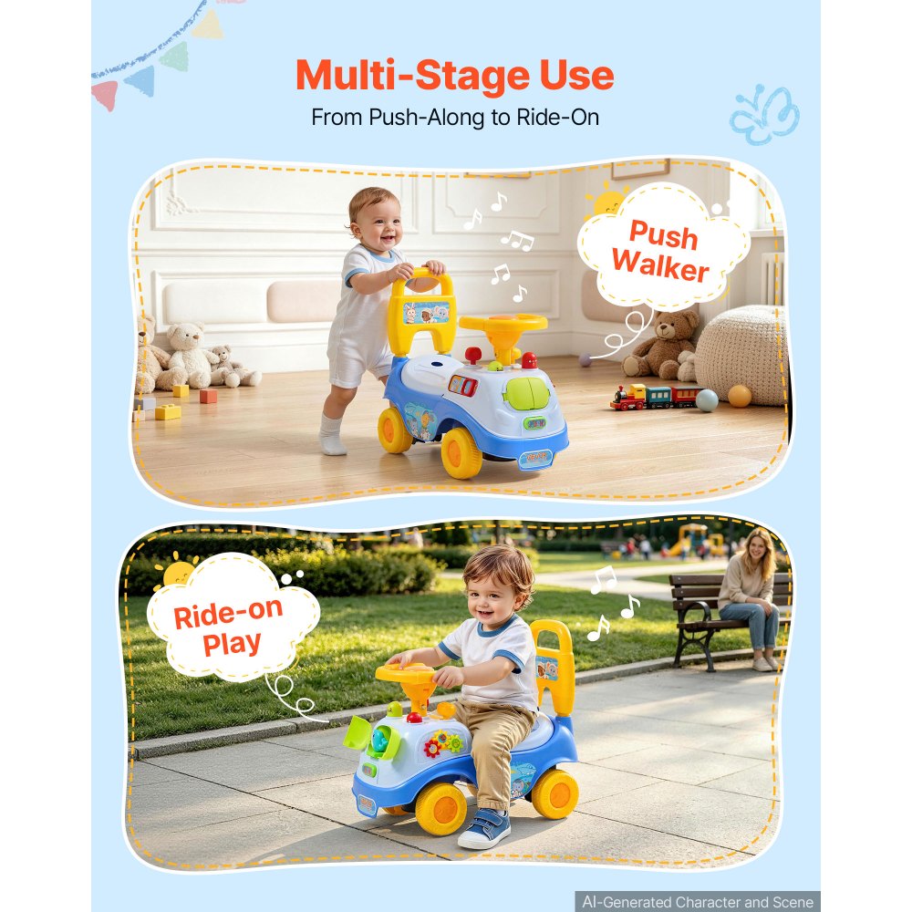 VEVOR Ride On Push Car for Toddlers Ages 19+ Months Sit-to-Stand Ride Toy, Kids Ride On Car for Boys Girls, Music Steering Wheel, Horn, Under-Seat Storage, Detachable Back, Indoor Outdoor Play, Blue