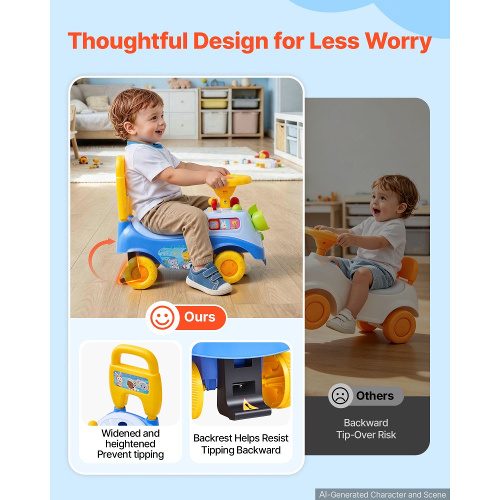 VEVOR Ride On Push Car for Toddlers Ages 19+ Months Sit-to-Stand Ride Toy, Kids Ride On Car for Boys Girls, Music Steering Wheel, Horn, Under-Seat Storage, Detachable Back, Indoor Outdoor Play, Blue