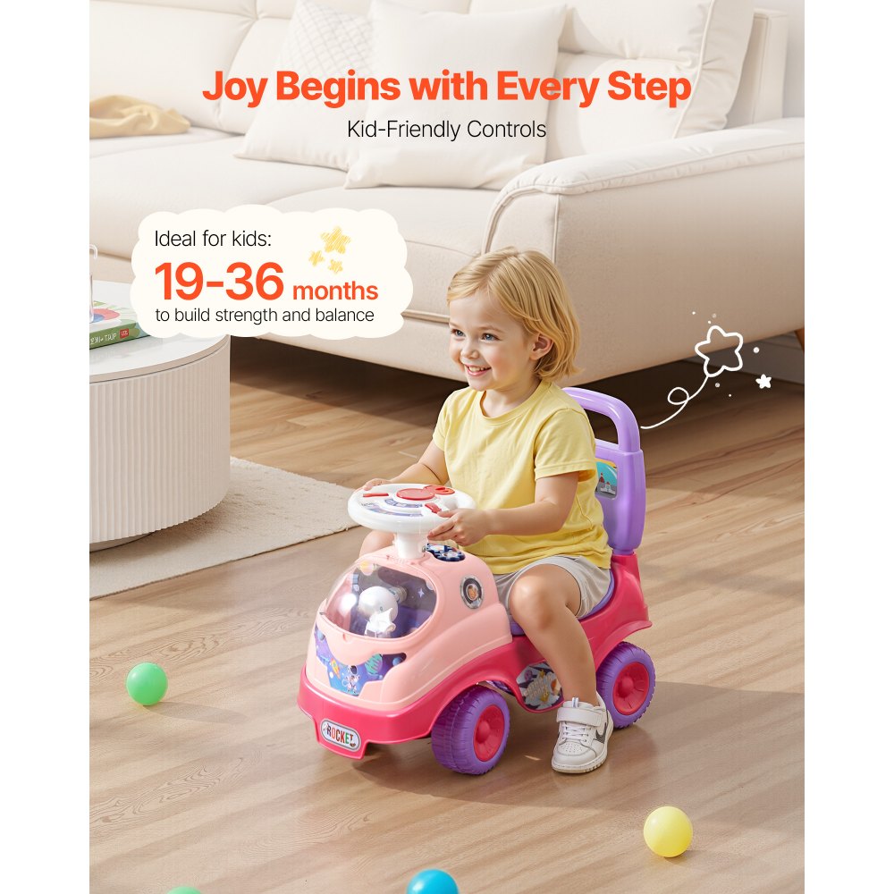 VEVOR Ride On Toddler Push Car, Push Car for Toddler 19 to 36 Months, Kids Ride On Toy with Horn & Music, 48.5 lbs Load Capacity, Under-seat Storage, Foot-to-Floor Walker for Toddlers Boys Girls, Pink