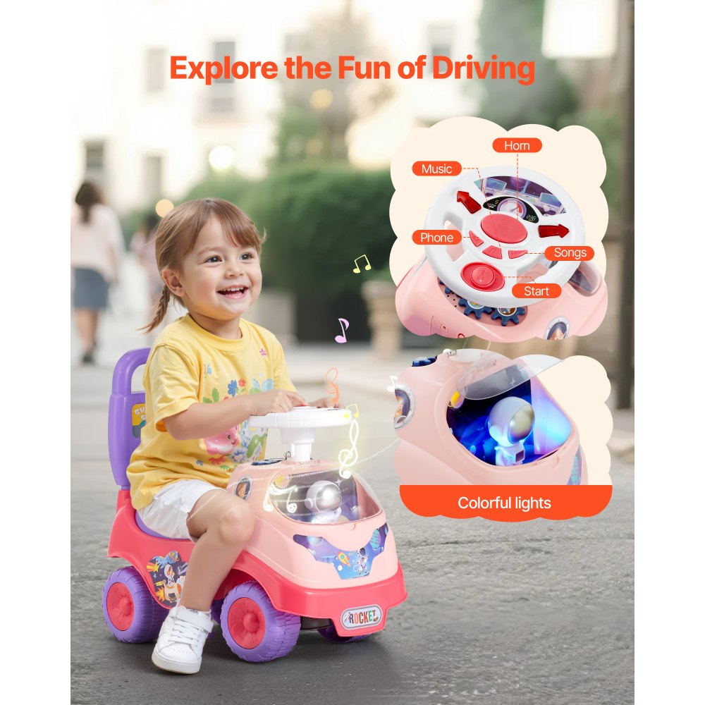 VEVOR Ride On Toddler Push Car, Push Car for Toddler 19 to 36 Months, Kids Ride On Toy with Horn & Music, 48.5 lbs Load Capacity, Under-seat Storage, Foot-to-Floor Walker for Toddlers Boys Girls, Pink