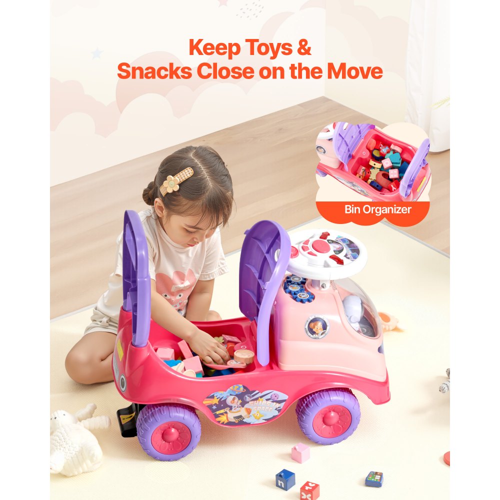 VEVOR Ride On Toddler Push Car, Push Car for Toddler 19 to 36 Months, Kids Ride On Toy with Horn & Music, 48.5 lbs Load Capacity, Under-seat Storage, Foot-to-Floor Walker for Toddlers Boys Girls, Pink