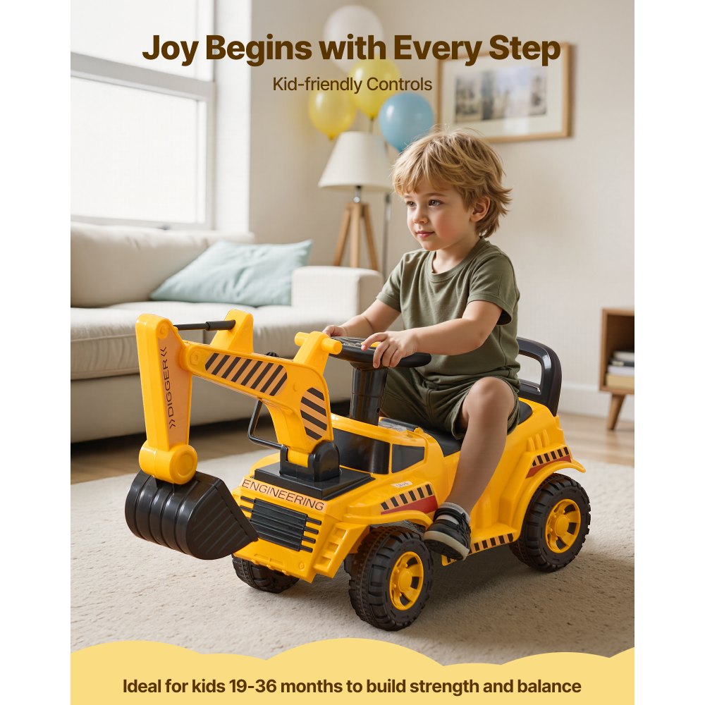 VEVOR Ride On Toddler Car, Push Car for Toddler 19 to 36 Months, Excavator Digger Toy with Helmet & Music, 55 lbs Load Capacity, Foot-to-Floor Walker for Kids, Yellow