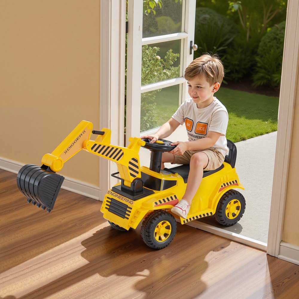 VEVOR Ride On Toddler Car, Push Car for Toddler 19 to 36 Months, Excavator Digger Toy with Helmet & Music, 55 lbs Load Capacity, Foot-to-Floor Walker for Kids, Yellow