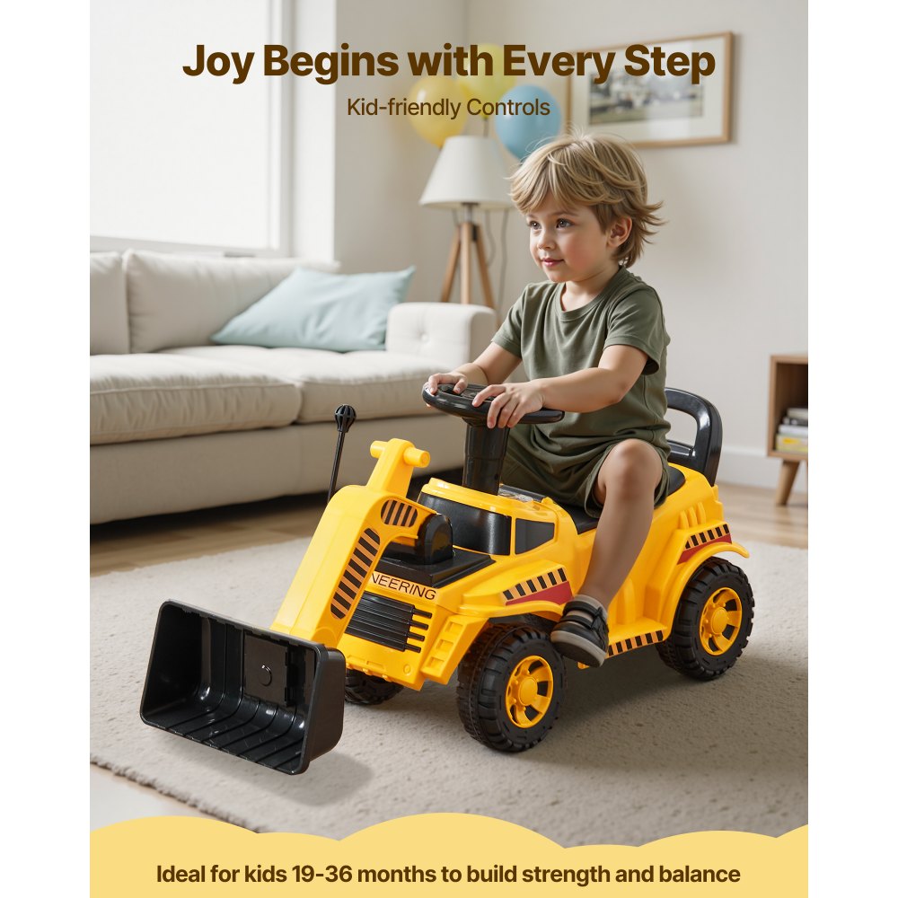 VEVOR Ride On Toddler Car, Ride on Excavator Car for Toddler 19 to 36 Months, Excavator Bulldozer Digger Toy with Under-seat Storage & Music, 55 lbs Load Capacity, Foot-to-Floor Walker for Kid, Yellow