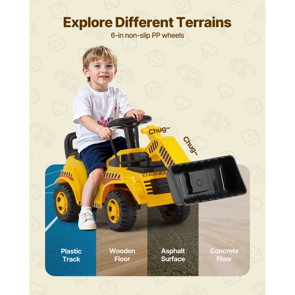 VEVOR Ride On Toddler Car, Ride on Excavator Car for Toddler 19 to 36 Months, Excavator Bulldozer Digger Toy with Under-seat Storage & Music, 55 lbs Load Capacity, Foot-to-Floor Walker for Kid, Yellow