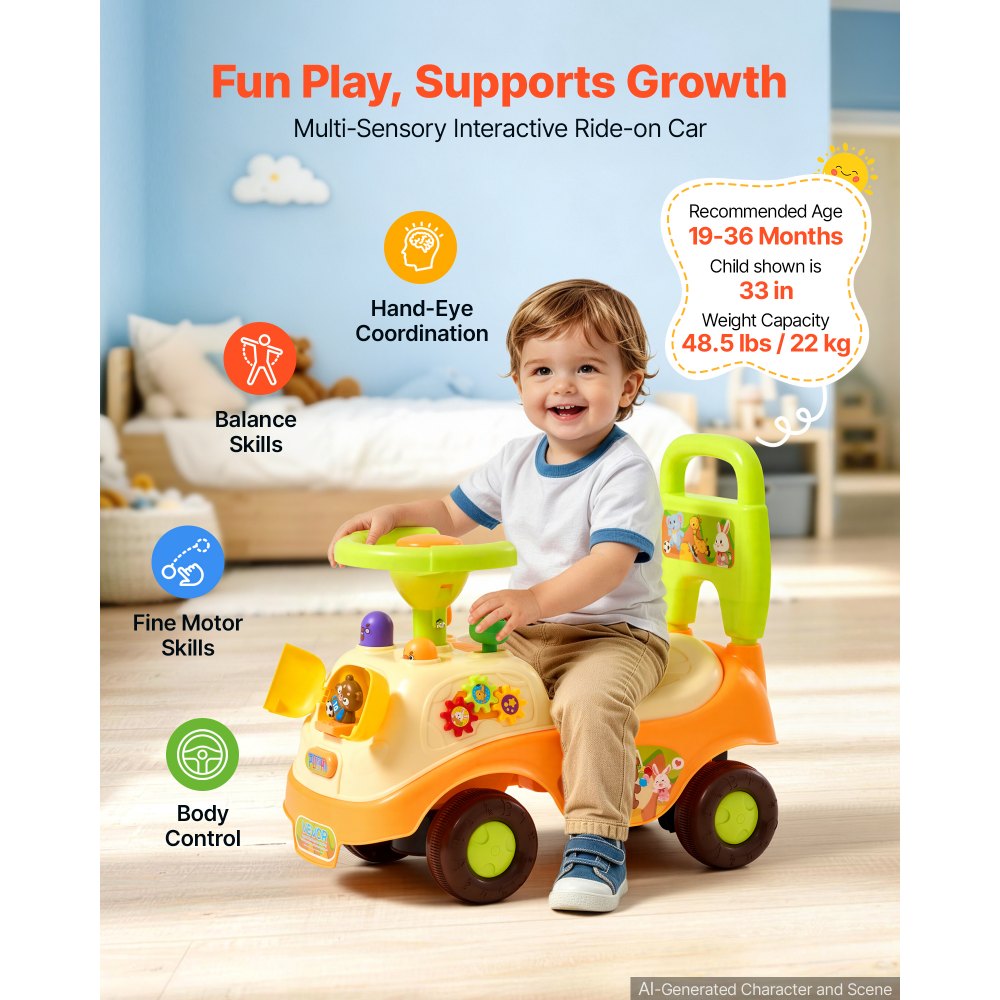 VEVOR Ride On Push Car for Toddlers Ages 19+ Months Sit-to-Stand Ride Toy, Kids Ride On Car for Boys Girls, Music Steering Wheel, Horn, Under-Seat Storage, Detachable Back,Indoor Outdoor Play,Yellow