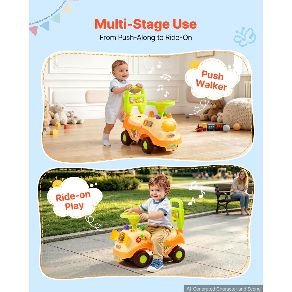 VEVOR Ride On Push Car for Toddlers Ages 19+ Months Sit-to-Stand Ride Toy, Kids Ride On Car for Boys Girls, Music Steering Wheel, Horn, Under-Seat Storage, Detachable Back,Indoor Outdoor Play,Yellow