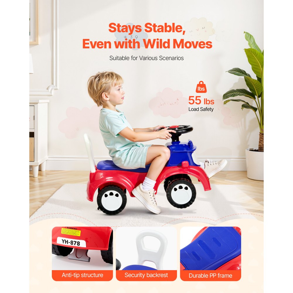 VEVOR Ride On Toddler Push Car, Push Car for Toddler 19 to 36 Months, Kids Ride On Toy with Music & Under-seat Storage, 55 lbs Load Capacity, Foot-to-Floor Walker for Toddlers Boys Girls, Red