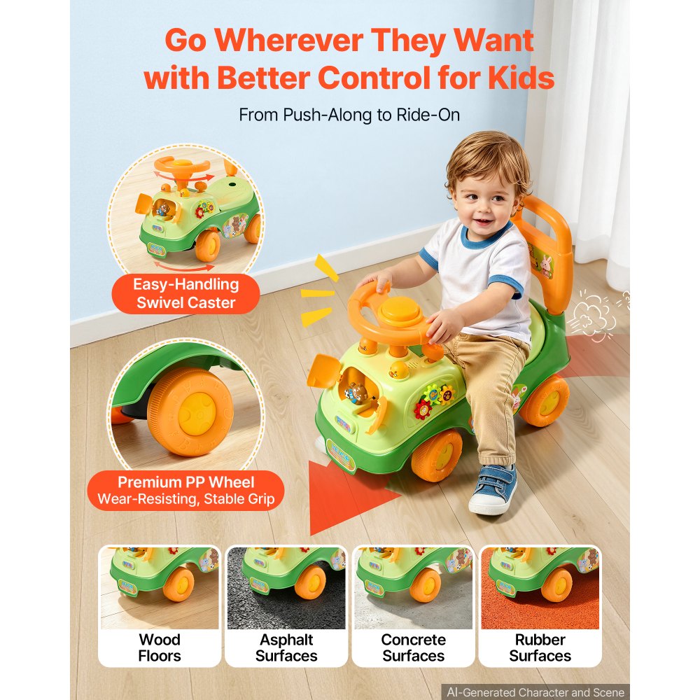 VEVOR Ride On Push Car for Toddlers Ages 19+ Months Sit-to-Stand Ride Toy, Kids Ride On Car for Boys Girls, Music Steering Wheel, Horn, Under-Seat Storage, Detachable Back, Indoor Outdoor Play,Green
