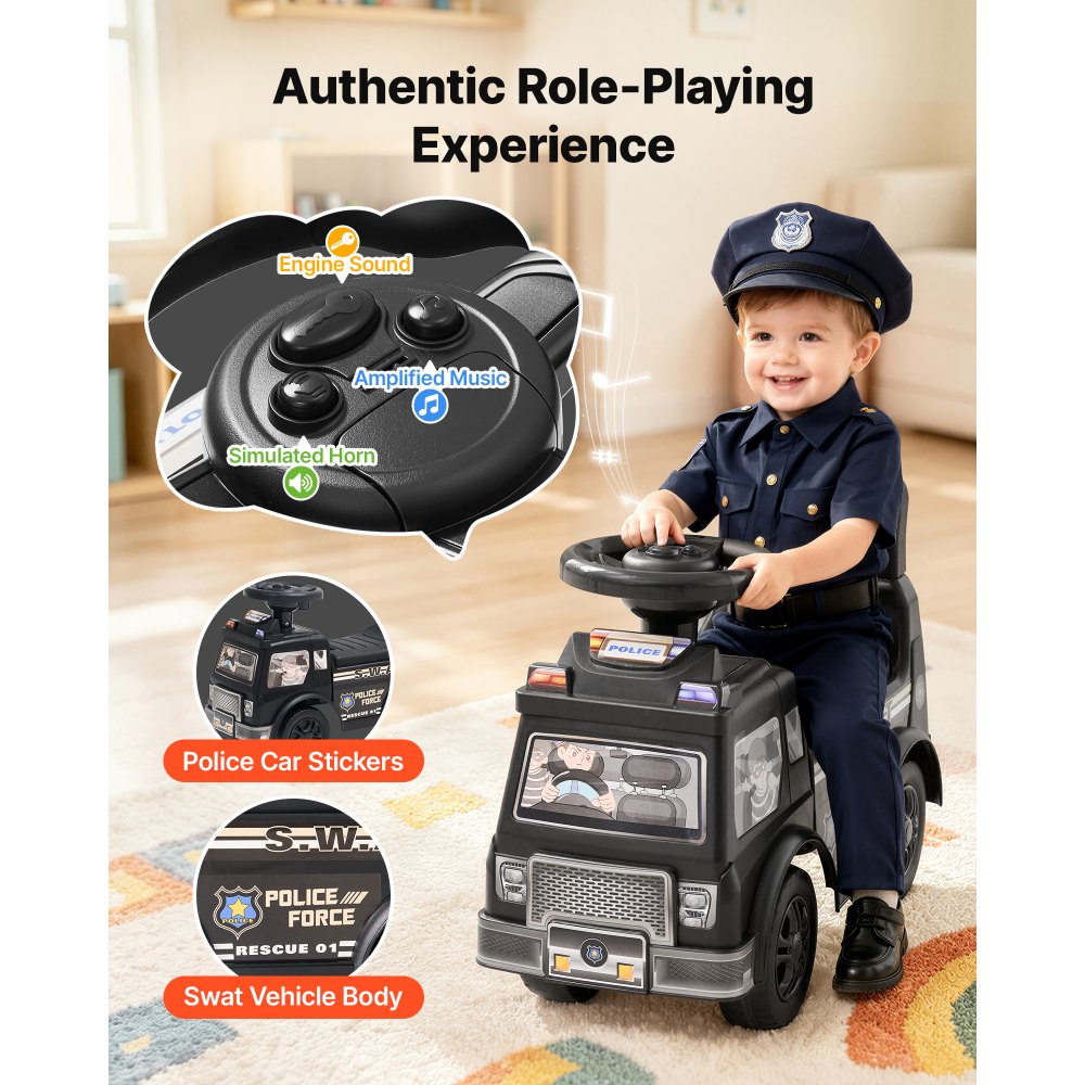 VEVOR Ride On Push Police Car for Toddlers Age 19+ Months Sit-to-Stand Ride, Kids Ride On Car for Boys Girls, Music Steering Wheel, Horn, Under-Seat Storage, Detachable Back,Indoor Outdoor Play, Black