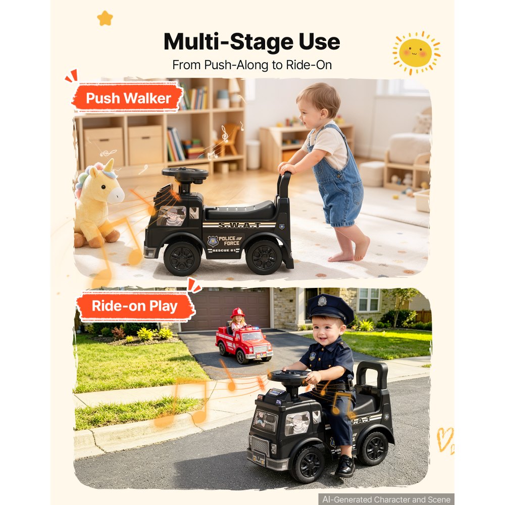 VEVOR Ride On Push Police Car for Toddlers Age 19+ Months Sit-to-Stand Ride, Kids Ride On Car for Boys Girls, Music Steering Wheel, Horn, Under-Seat Storage, Detachable Back,Indoor Outdoor Play, Black