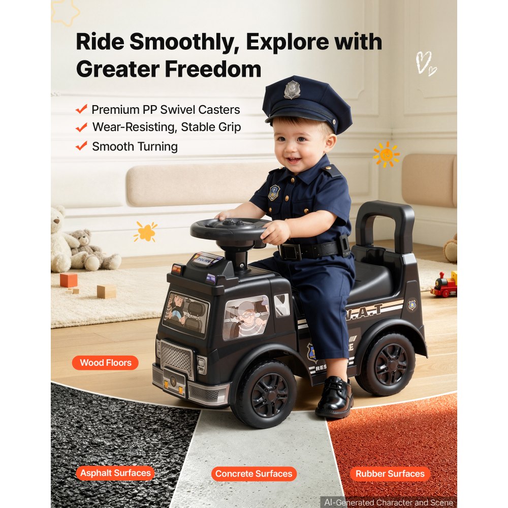 VEVOR Ride On Push Police Car for Toddlers Age 19+ Months Sit-to-Stand Ride, Kids Ride On Car for Boys Girls, Music Steering Wheel, Horn, Under-Seat Storage, Detachable Back,Indoor Outdoor Play, Black