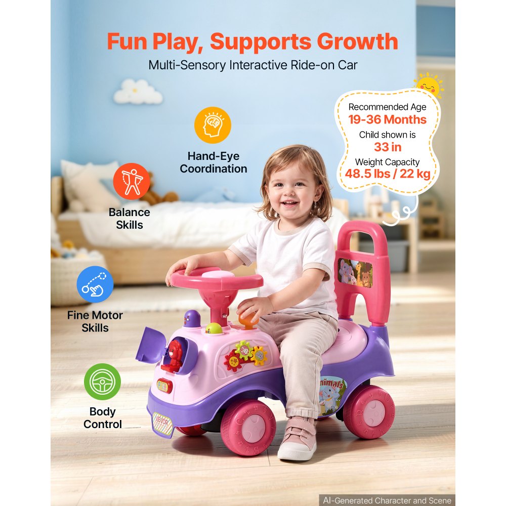 VEVOR Ride On Push Car for Toddlers Ages 19+ Months Sit-to-Stand Ride Toy, Kids Ride On Car for Boys Girls, Music Steering Wheel, Horn, Under-Seat Storage, Detachable Back,Indoor Outdoor Play,Purple