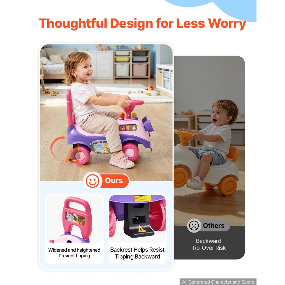 VEVOR Ride On Push Car for Toddlers Ages 19+ Months Sit-to-Stand Ride Toy, Kids Ride On Car for Boys Girls, Music Steering Wheel, Horn, Under-Seat Storage, Detachable Back,Indoor Outdoor Play,Purple