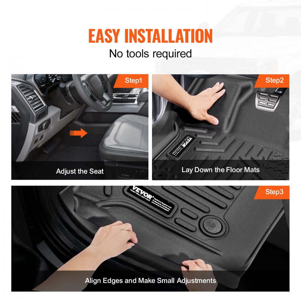 VEVOR Automotive Floor Mats, Fits for 2015-2024 Ford F-150 (Includes 2022-2024 Lightning) SuperCrew with Carpet & Without Fold Flat Storage, 3 pcs Front and 2nd Row Liners, Liners for Trucks, Black
