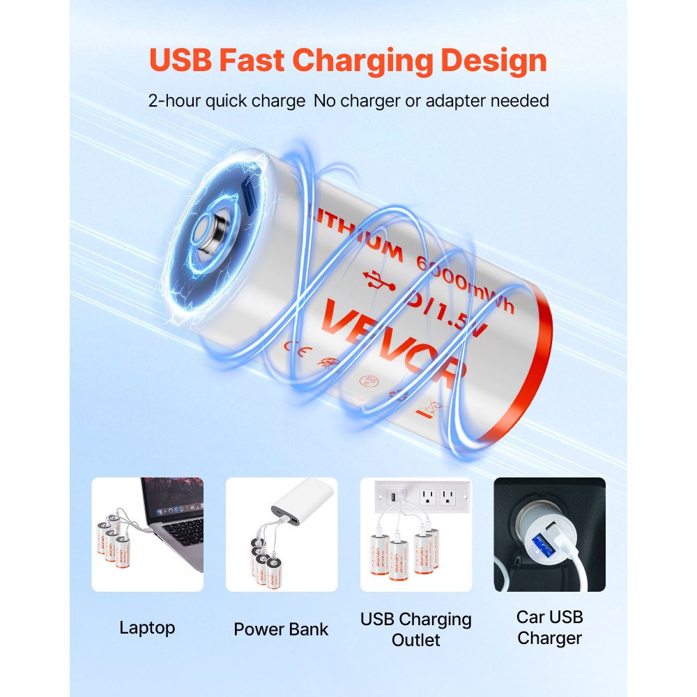 VEVOR Rechargeable D Batteries, 4 Pack, 1.5V 6000mWh Lithium D Battery with 4 in 1 USB-C Charge Cable, Recharge Up to 1000+ Cycles, Lithium-ion D Cell Batteries for Flashlights, Floodlight, Toys