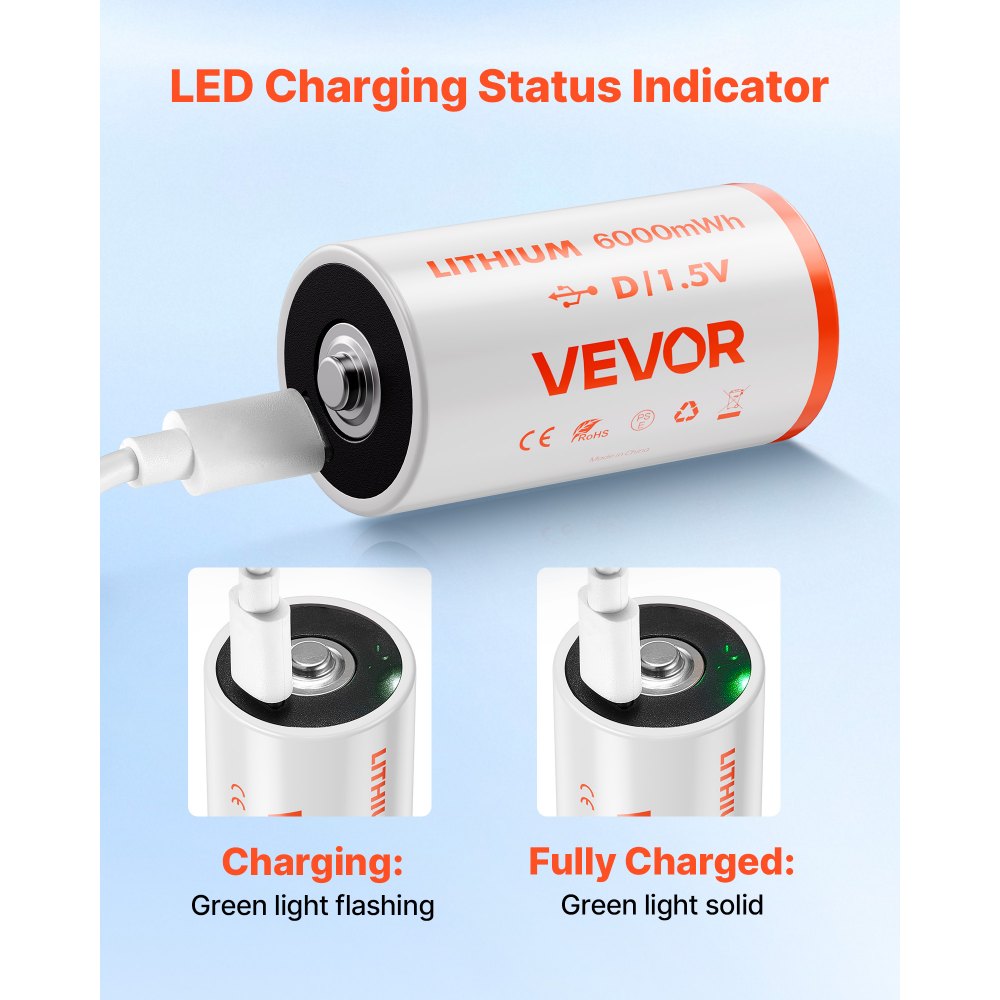 VEVOR Rechargeable D Batteries, 4 Pack, 1.5V 6000mWh Lithium D Battery with 4 in 1 USB-C Charge Cable, Recharge Up to 1000+ Cycles, Lithium-ion D Cell Batteries for Flashlights, Floodlight, Toys