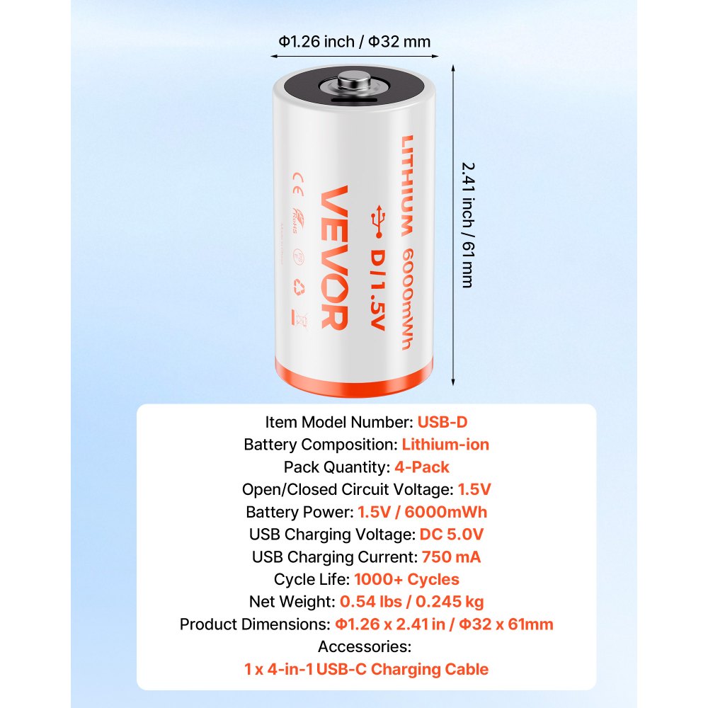VEVOR Rechargeable D Batteries, 4 Pack, 1.5V 6000mWh Lithium D Battery with 4 in 1 USB-C Charge Cable, Recharge Up to 1000+ Cycles, Lithium-ion D Cell Batteries for Flashlights, Floodlight, Toys