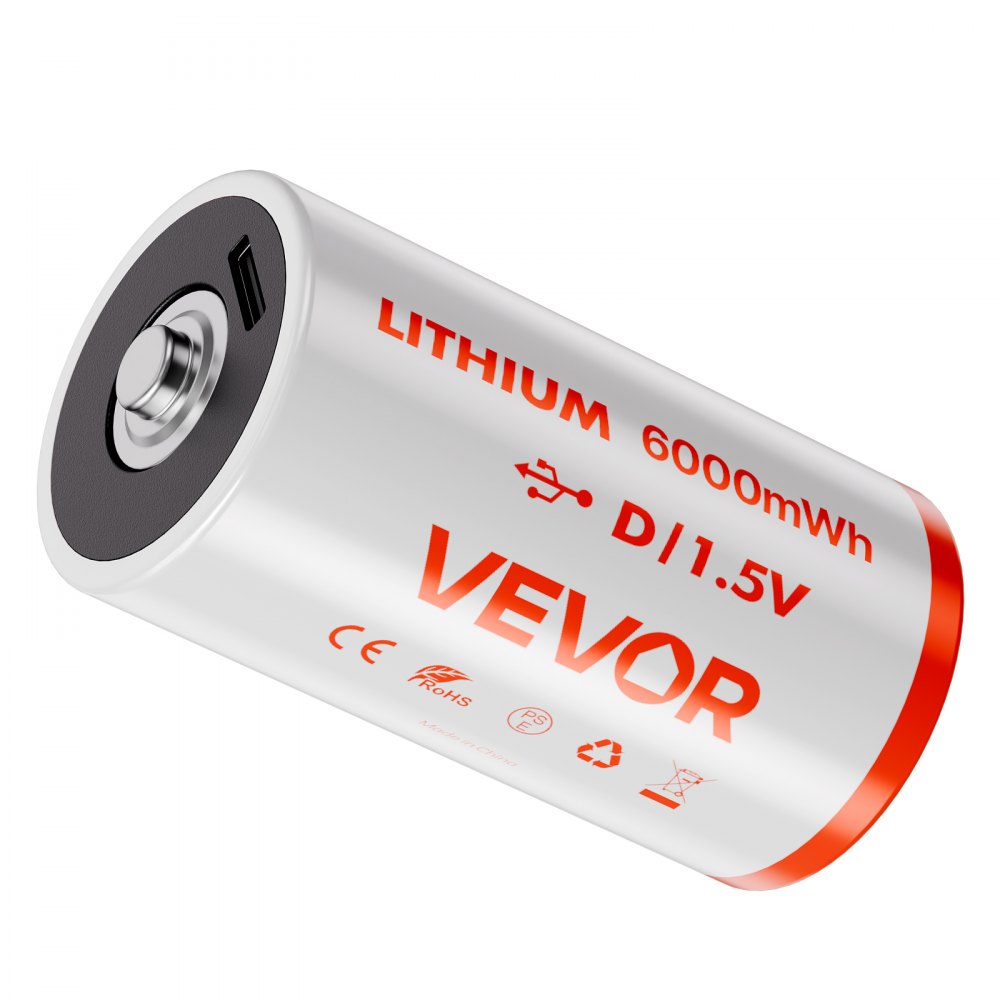 VEVOR Rechargeable D Batteries, 4 Pack, 1.5V 6000mWh Lithium D Battery with 4 in 1 USB-C Charge Cable, Recharge Up to 1000+ Cycles, Lithium-ion D Cell Batteries for Flashlights, Floodlight, Toys