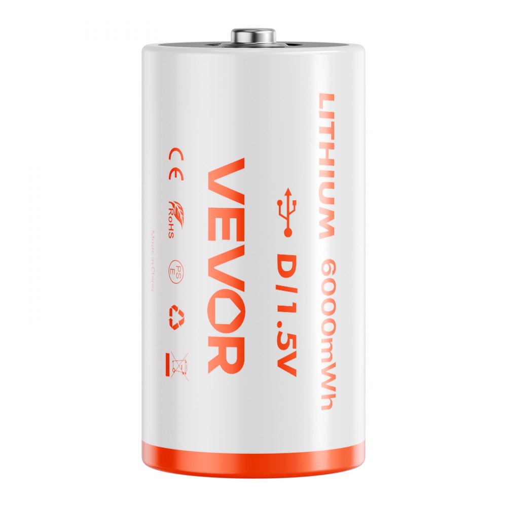 VEVOR Rechargeable D Batteries, 4 Pack, 1.5V 6000mWh Lithium D Battery with 4 in 1 USB-C Charge Cable, Recharge Up to 1000+ Cycles, Lithium-ion D Cell Batteries for Flashlights, Floodlight, Toys