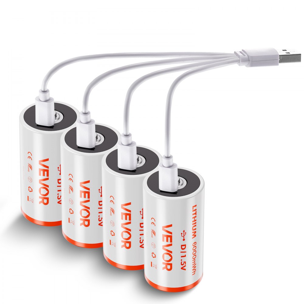 VEVOR Rechargeable D Batteries, 4 Pack, 1.5V 6000mWh Lithium D Battery with 4 in 1 USB-C Charge Cable, Recharge Up to 1000+ Cycles, Lithium-ion D Cell Batteries for Flashlights, Floodlight, Toys