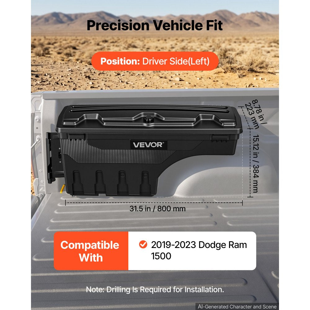 VEVOR Truck Bed Storage Box, 6.6 Gal/25 L Waterproof ABS Wheel Well Tool Box with Anti-Theft Combination Lock, Compatible with 2019-2023 Dodge Ram 1500, Driver Side Left (Drilling Required)