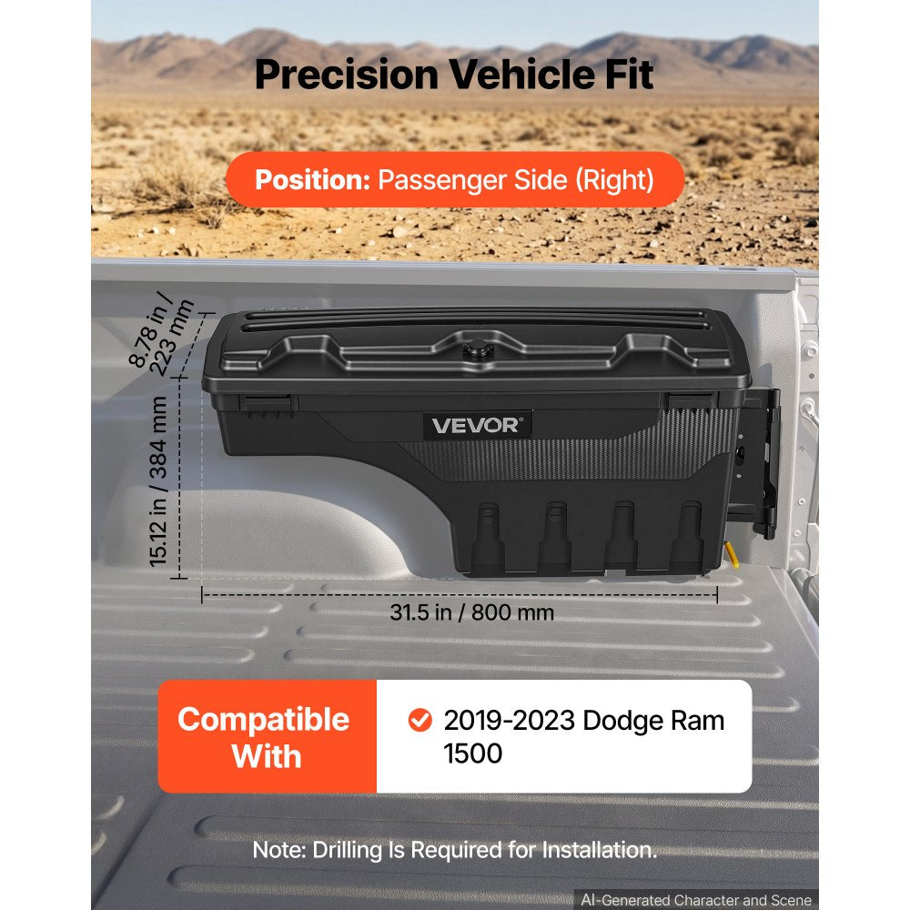 VEVOR Truck Bed Storage Box, 6.6 Gal/25 L Waterproof ABS Wheel Well Tool Box with Anti-Theft Combination Lock, Compatible with 2019-2023 Dodge Ram 1500 , Passenger Side Right (Drilling Required)