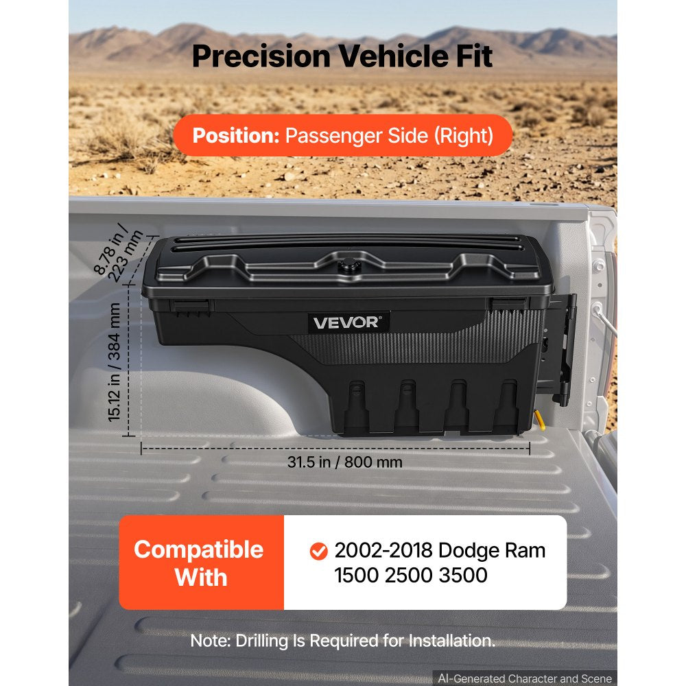 VEVOR Truck Bed Storage Box, 6.6 Gal/25 L Waterproof ABS Wheel Well Tool Box, Anti-Theft Combination Lock, Compatible with 2002-2018 Dodge Ram 1500 2500 3500, Passenger Side Right (Drilling Required)