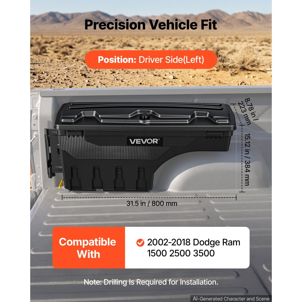 VEVOR Truck Bed Storage Box, 6.6 Gal/25 L Waterproof ABS Wheel Well Tool Box with Anti-Theft Combination Lock, Compatible with 2002-2018 Dodge Ram 1500 2500 3500, Driver Side Left (Drilling Required)