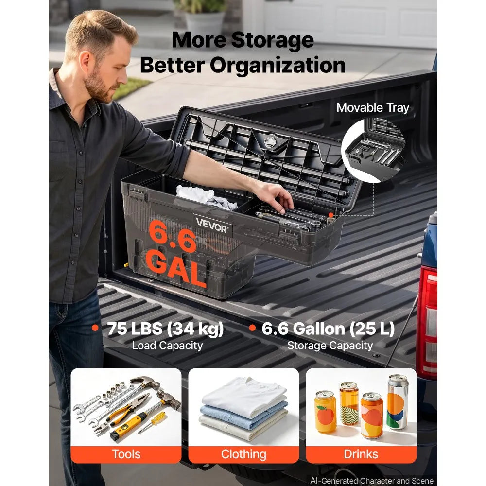 VEVOR Truck Bed Storage Box, 6.6 Gal/25 L Waterproof ABS Wheel Well Tool Box with Anti-Theft Combination Lock, Compatible with 2002-2018 Dodge Ram 1500 2500 3500, Driver Side Left (Drilling Required)