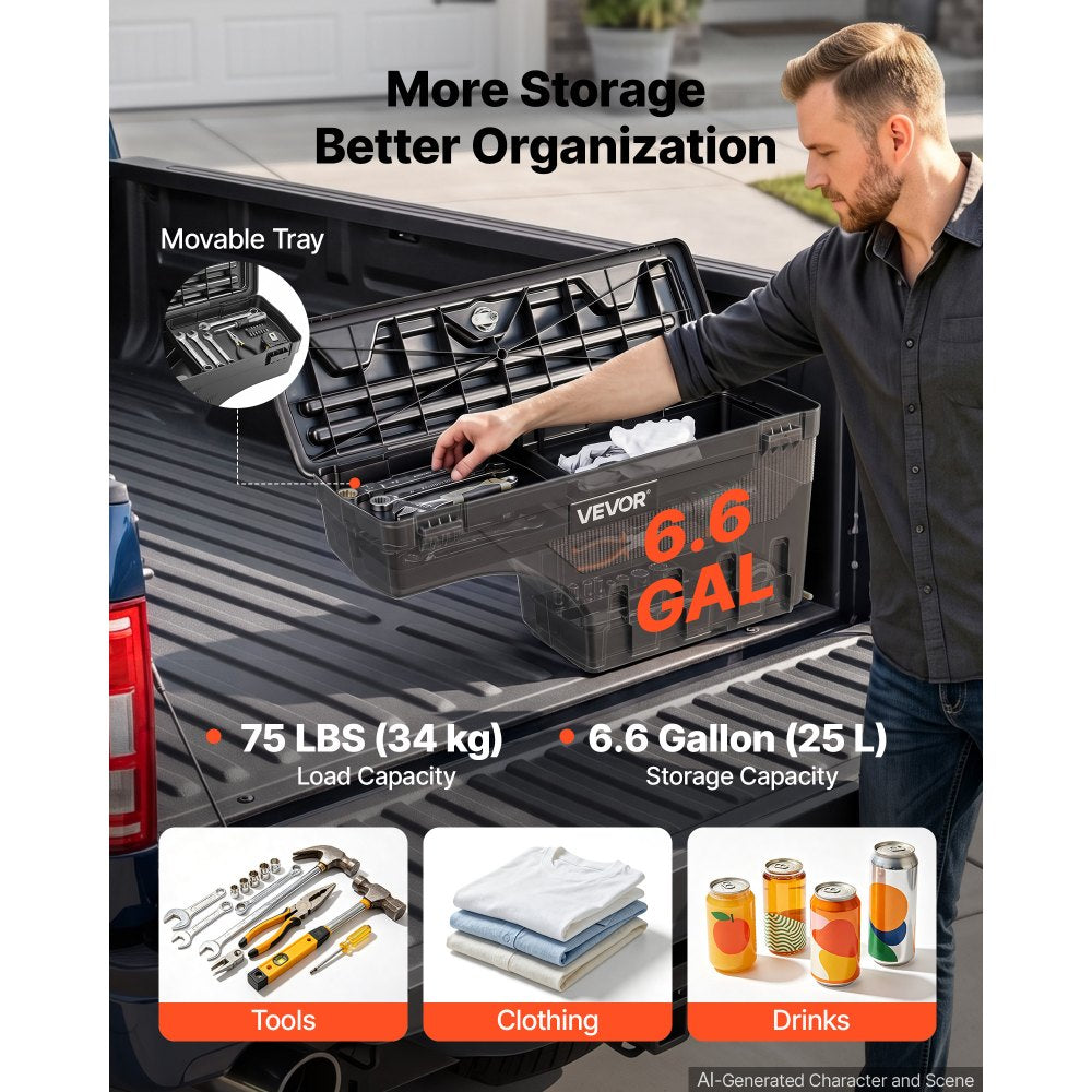 VEVOR Truck Bed Storage Box, 6.6 Gal/25L Waterproof ABS Wheel Well Tool Box, Anti-Theft Lock, Compatible with 2020-2025 Chevy/GMC Silverado/Sierra 2500/3500HD, Passenger Side Right (Drilling Required)