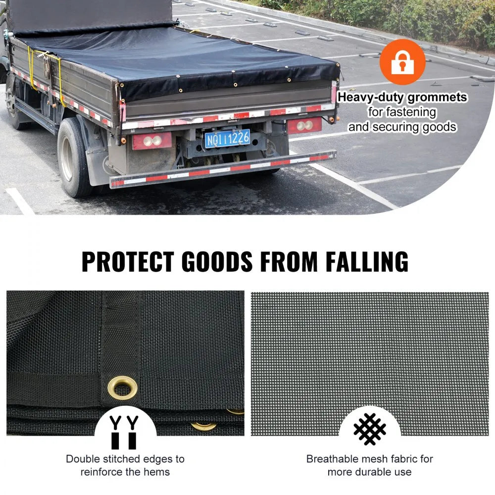 VEVOR Dump Truck Mesh Tarp, 7 x 18 ft, PVC Coated Black Heavy Duty Cover with 5.5" 18oz Double Pocket, Brass Grommets, Reinforced Double Needle Stitch Webbing Fits Manual or Electric Dump Truck System