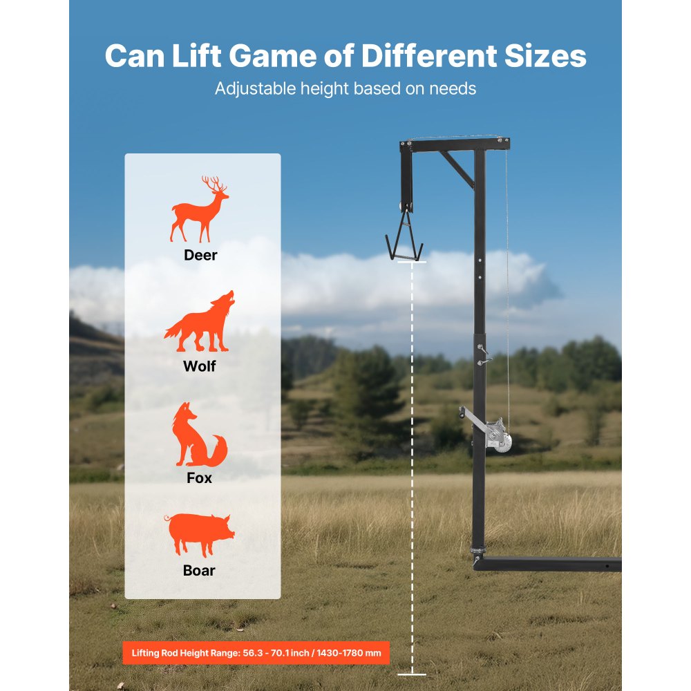 VEVOR Truck Hitch Game Hoist, 300 lbs Load Capacity, Hunting Deer Hoist with 2-inch Receiver, 360-Degree Swivel Shaft & Adjustable Height, Includes Gambrel Winch for Skinning & Cleaning Game