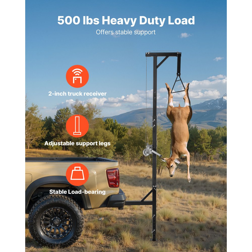 VEVOR Truck Hitch Game Hoist, 500 lbs Load Capacity, Hunting Deer Hoist with 2-inch Receiver, 360-Degree Swivel Shaft & Adjustable Height, Includes Gambrel Winch for Skinning & Cleaning Game