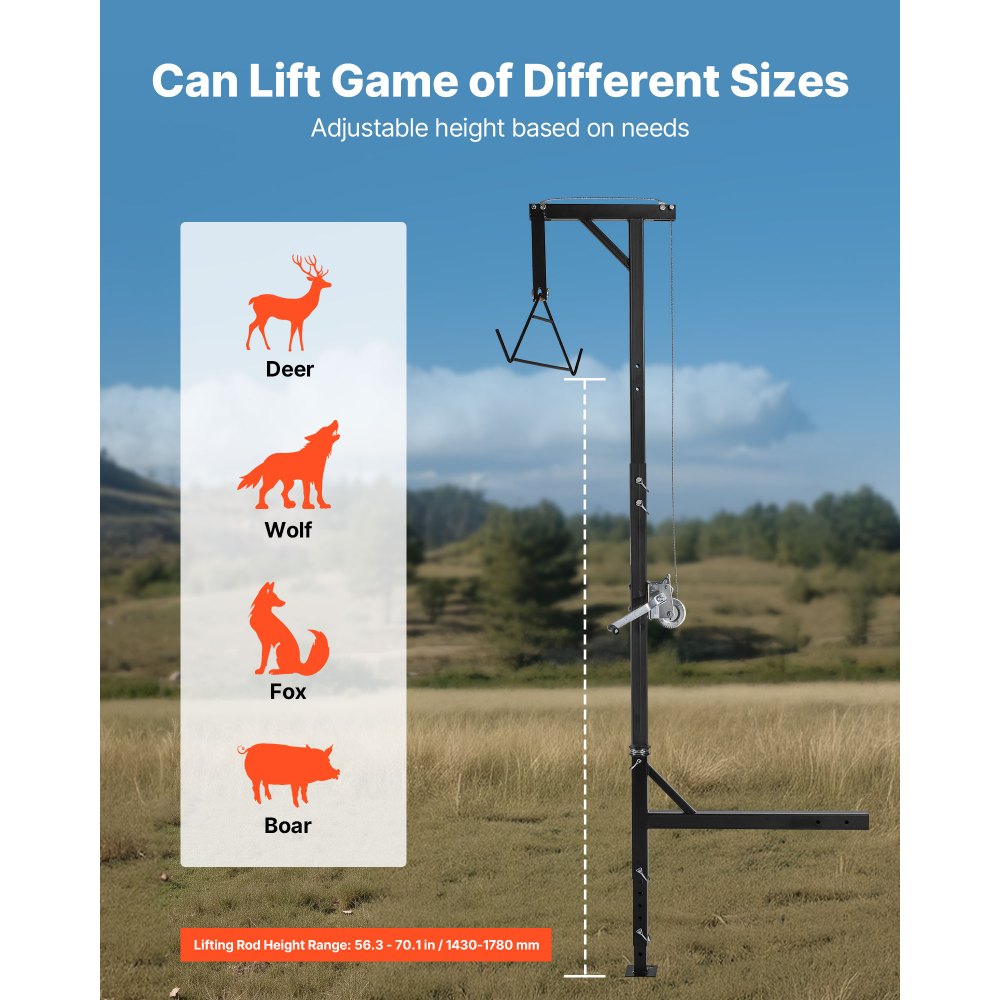 VEVOR Truck Hitch Game Hoist, 600 lbs Load Capacity, Hunting Deer Hoist with 2-inch Receiver, 360-Degree Swivel Shaft & Adjustable Height, Includes Gambrel Winch for Skinning & Cleaning Game