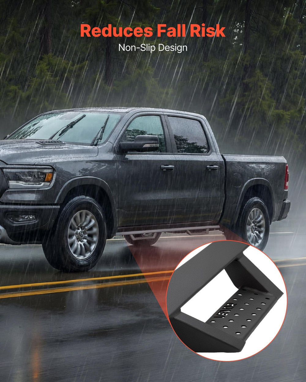 VEVOR Running Boards, 4 Inches Side Steps Compatible with 2009-2018 Dodge Ram 1500 (Including 19-24 Classic), 2010-2024 Dodge Ram 2500/3500 Crew Cab, Black Carbon Steel Nerf Bars, 550 lbs Capacity