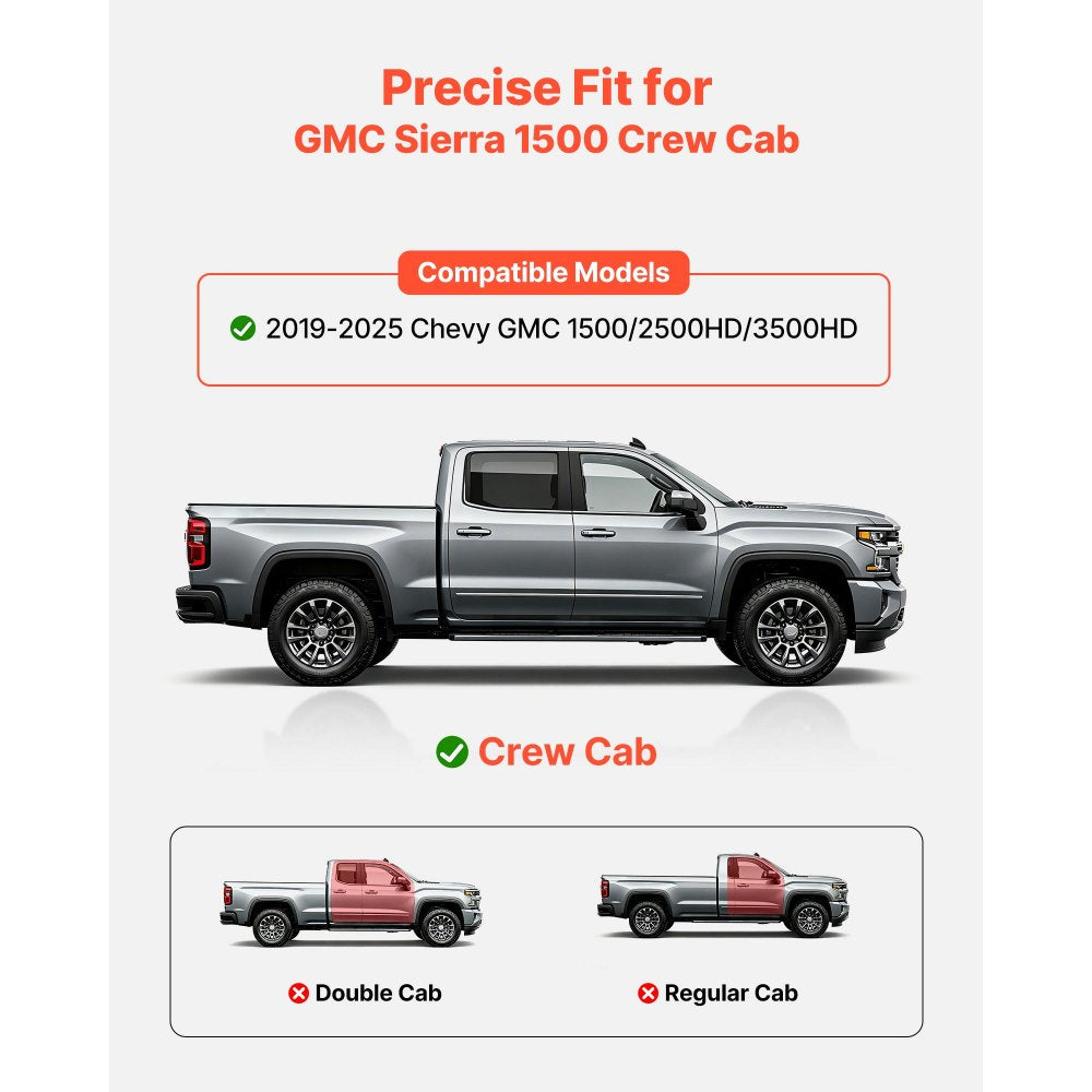 VEVOR Running Boards, 4 Inches Side Steps Compatible with 2019-2025 Chevy GMC 1500/2500HD/3500HD Crew Cab, Black Carbon Steel Nerf Bars, 550 lbs Load Capacity, Non-Slip Surface with Rustproof Coating