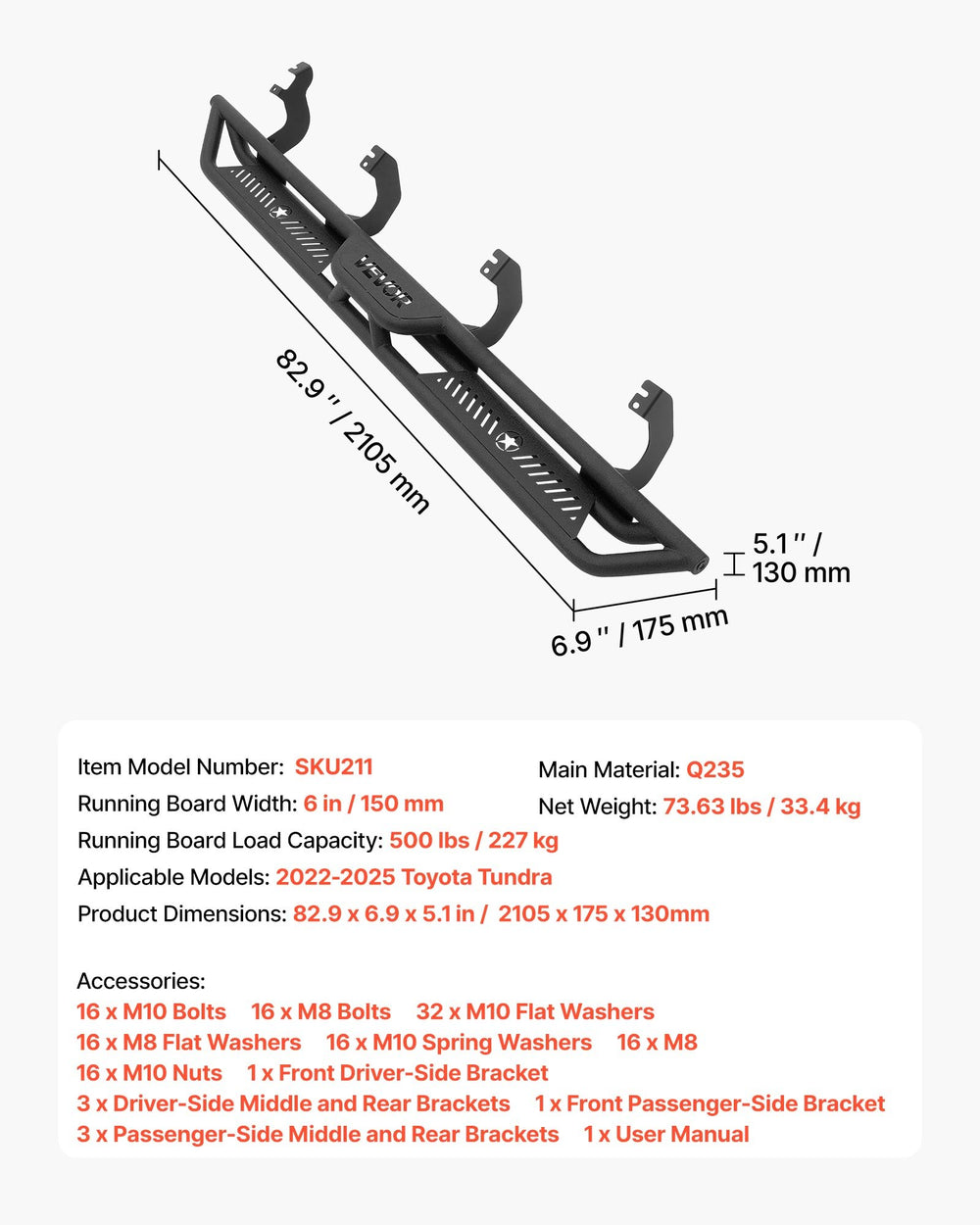 VEVOR Running Boards, 6 Inches Side Steps Compatible with 2022-2025 Toyota Tundra CrewMax Cab, Black Carbon Steel Nerf Bars, 550 lbs Load Capacity, Wide Non-Slip Hollow Surface with Rustproof Coating